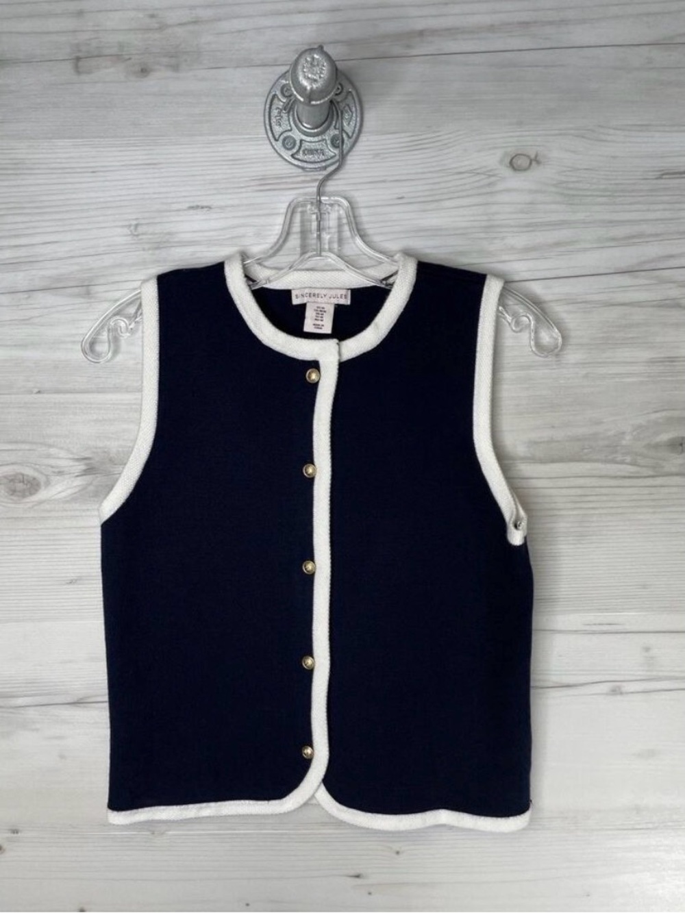 Sincerely Jules Navy Sleeveless Button-Front Vest with White Trim - Picture 2 of 4